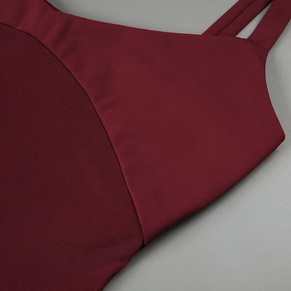 Kaori Burgundy Mesh Midriff Maxi Dress