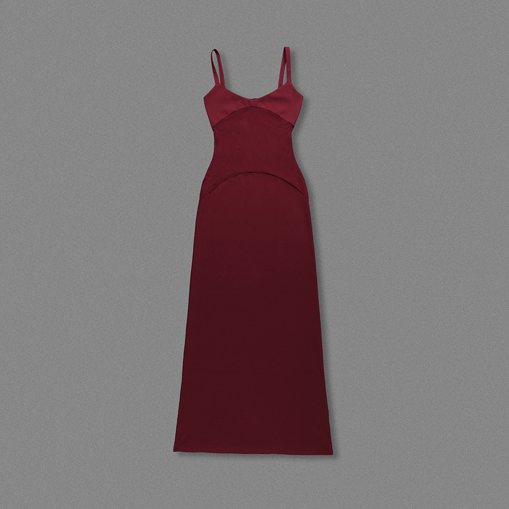 Kaori Burgundy Mesh Midriff Maxi Dress