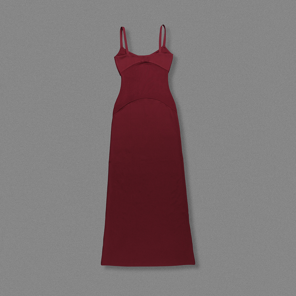 Kaori Burgundy Mesh Midriff Maxi Dress