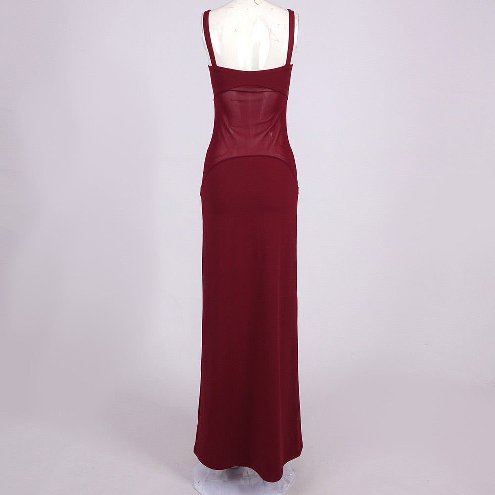Kaori Burgundy Mesh Midriff Maxi Dress