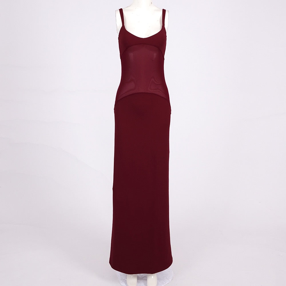 Kaori Burgundy Mesh Midriff Maxi Dress