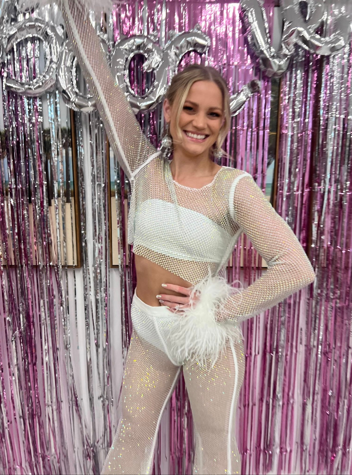 Lita Rhinestone Mesh Feather Trim Crop Top and Pant Set