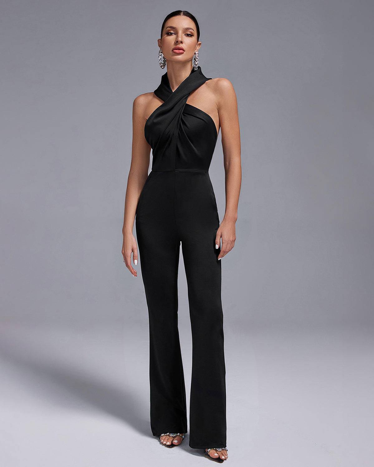 Tamara Black Crisscross Halter Backless Jumpsuit with Side Pockets
