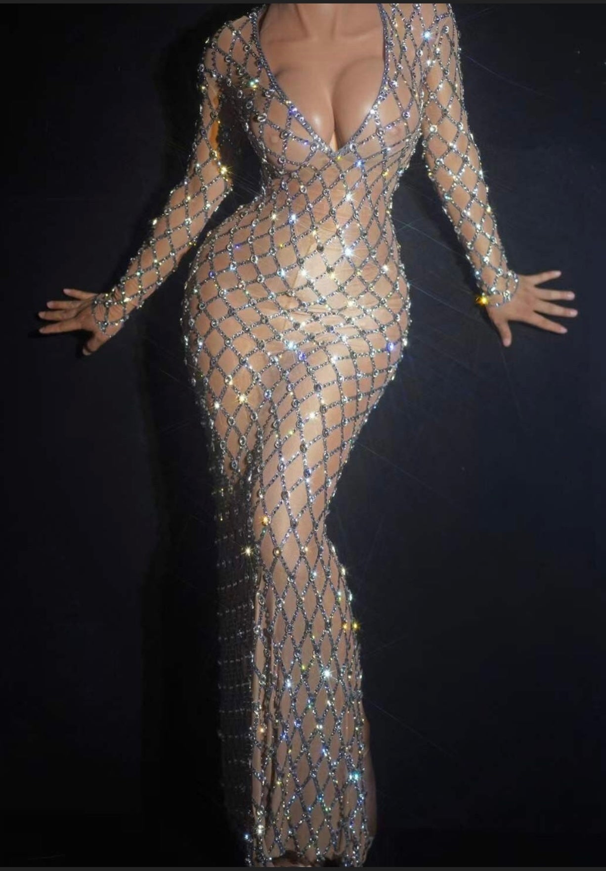 Bianca Nude Rhinestone Embellished Deep V Maxi Gown