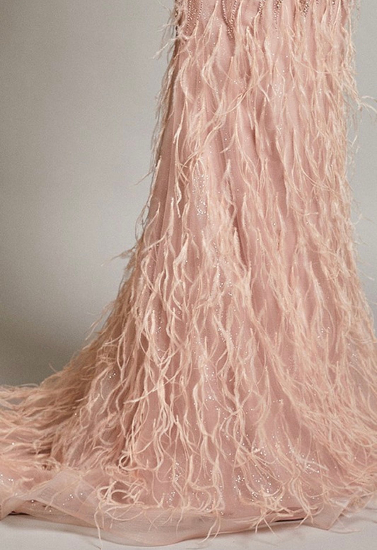 Aurelia Blush Sleeveless Pearl, Bead, Feather Embellished Lace Back Mermaid Gown