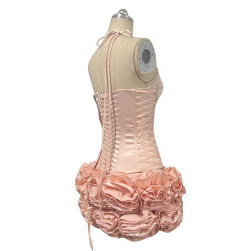 Marti Satin Corset Lace Back 3D Floral Ruffle Micro Mini Skirt Set