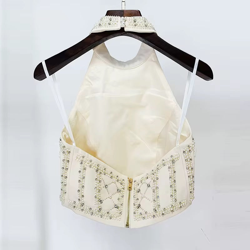 Odessa Ivory Rhinestone Pearl Embellished Crop Halter Top and Mini Skirt Set