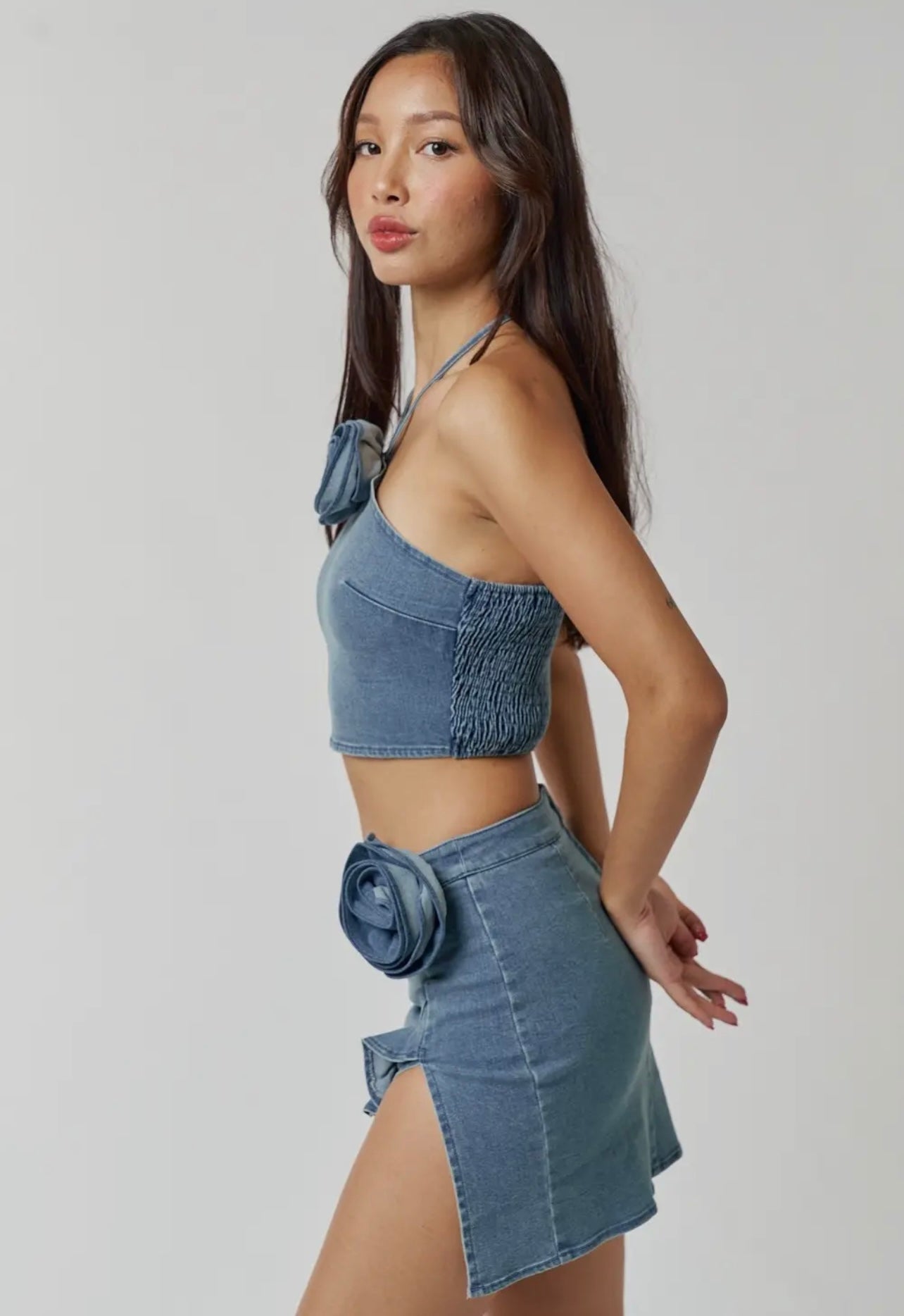 Daisy Denim 3D Rose Detail Halter Top and Ruffled Slit Rose Detail Mini Skirt