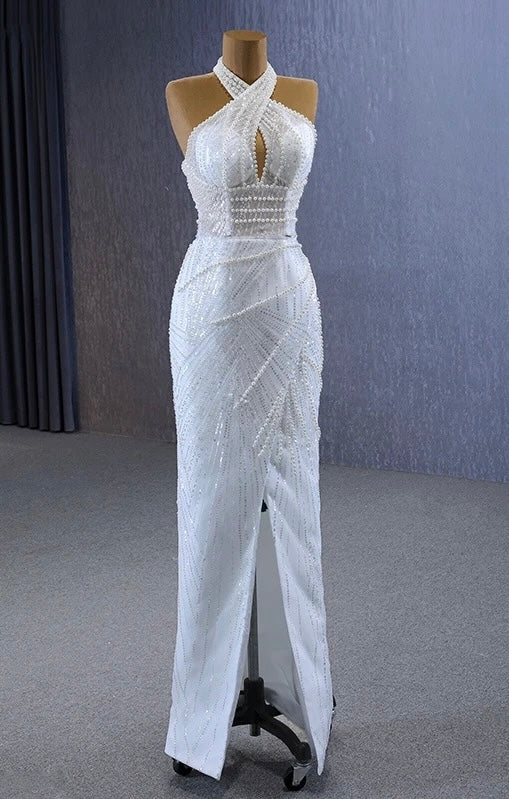 Mila Pearl Bead Embellished Crisscross Halter Full Detachable Skirt Gown