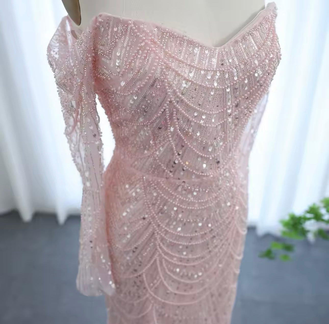 Erina Long Sleeve Off Shoulder Pearl and Bead Embellished Gown