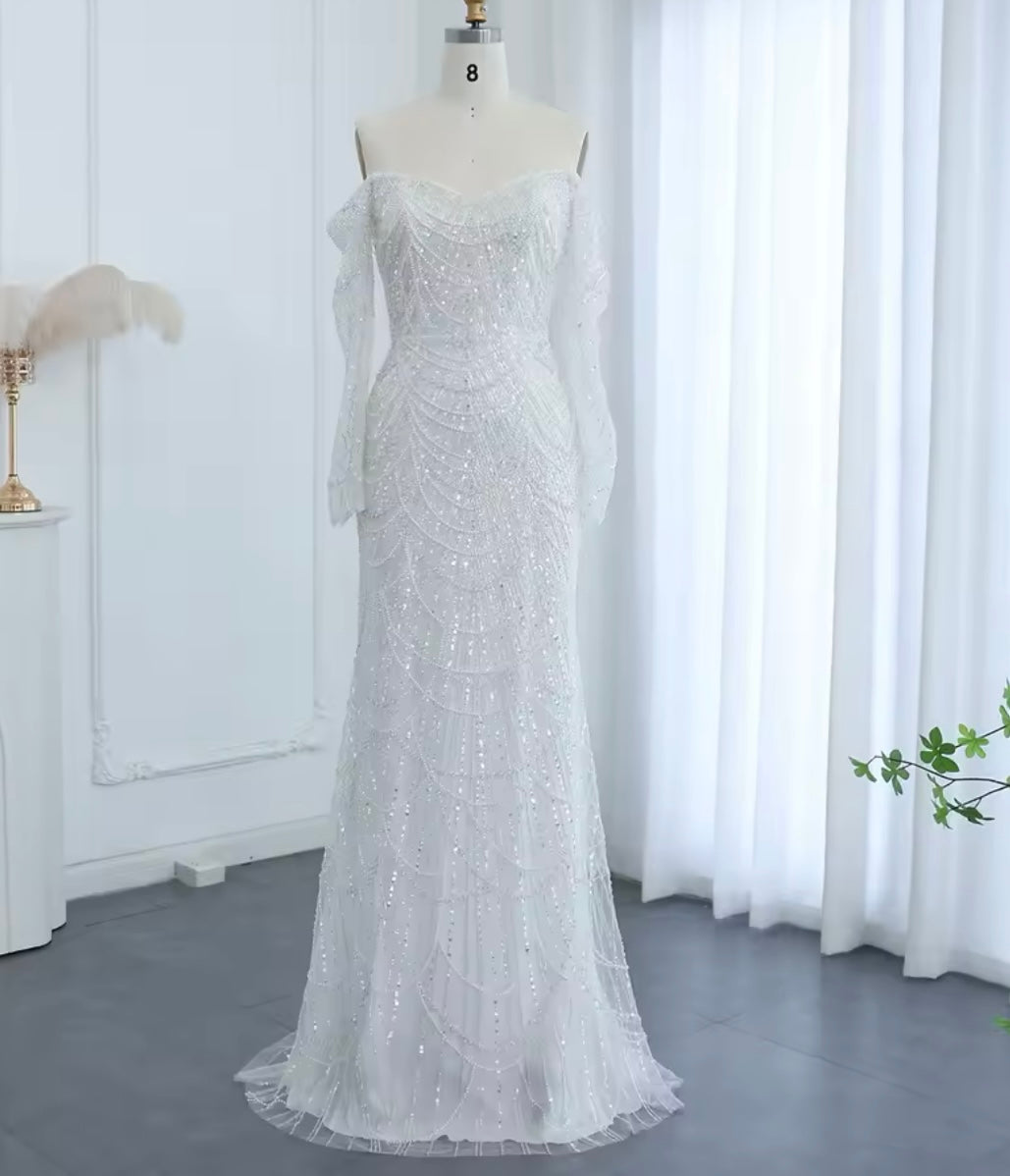 Erina Long Sleeve Off Shoulder Pearl and Bead Embellished Gown