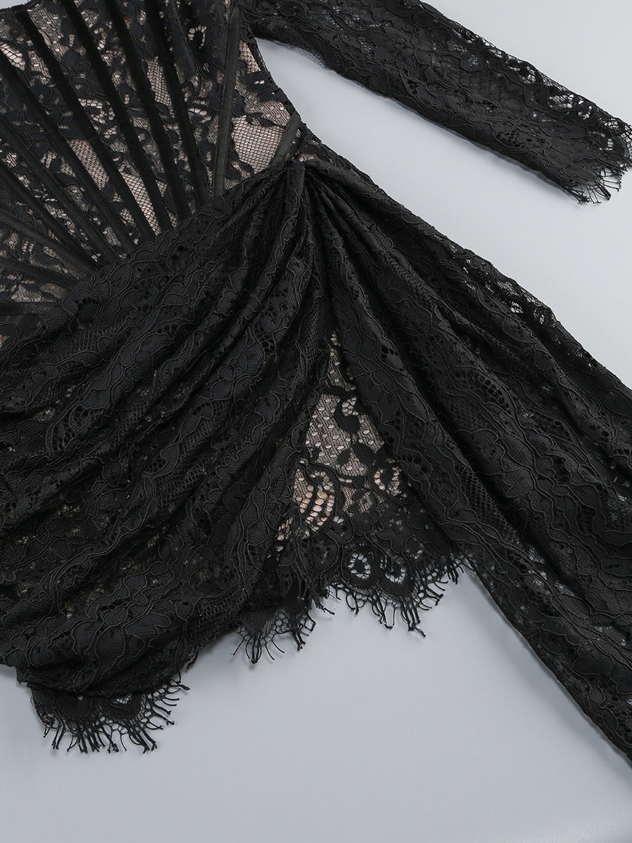 Vanessa Long Sleeve Black Lace Corset Draped Mini Dress