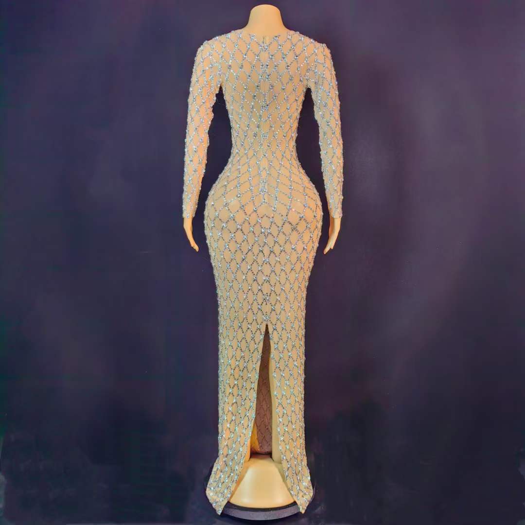 Sarala Nude Long Sleeve Rhinestone Embellished Maxi Gown