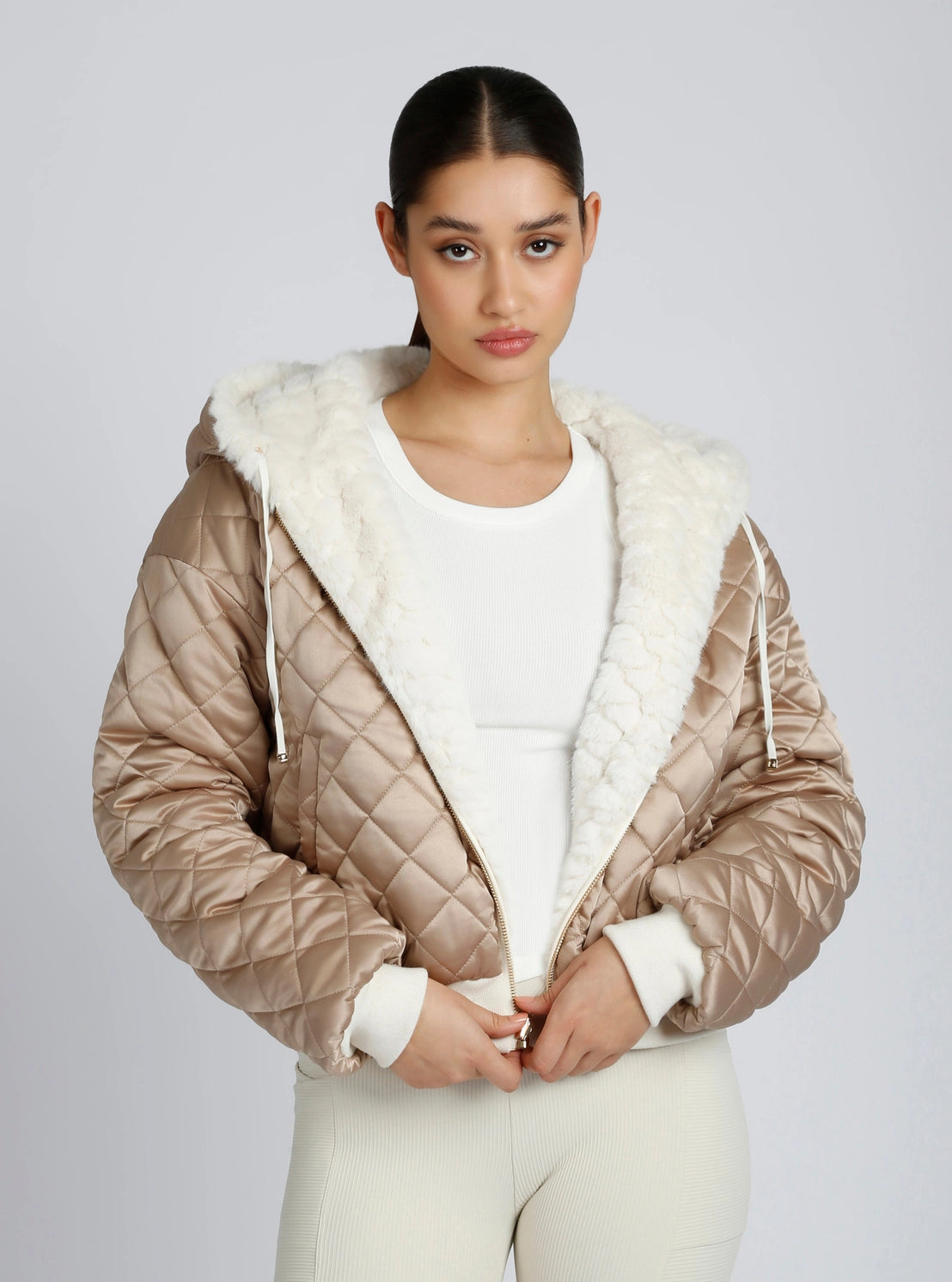 Monica Taupe Fawn Reversible Faux Fur Hoodie