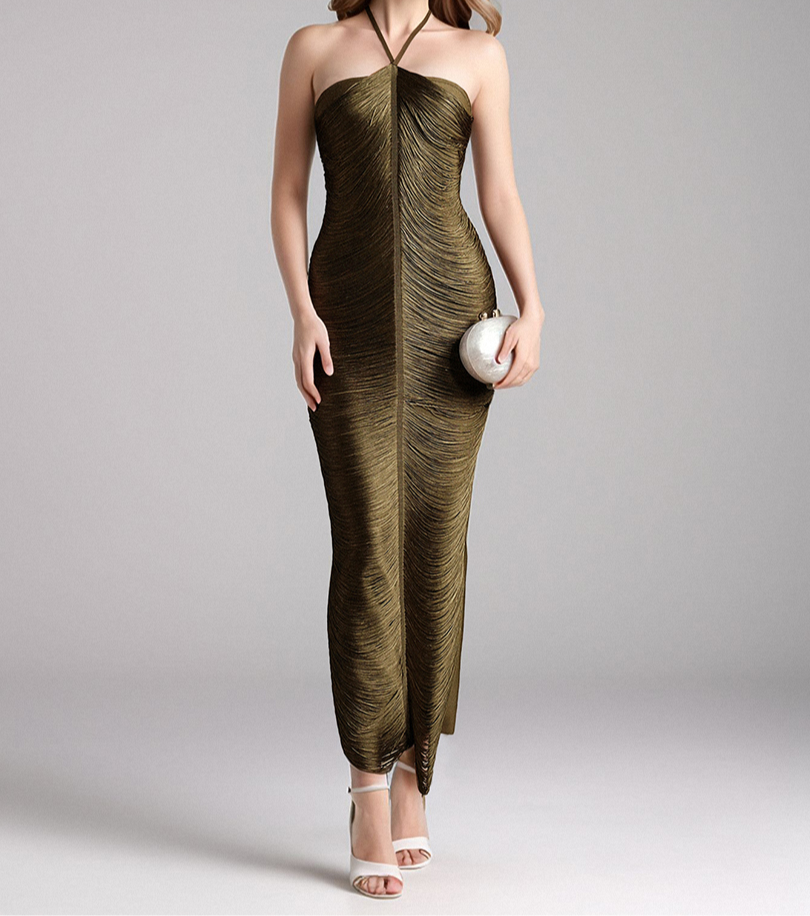 Cheira Sleeveless Halter Draped Fringe Maxi Dress