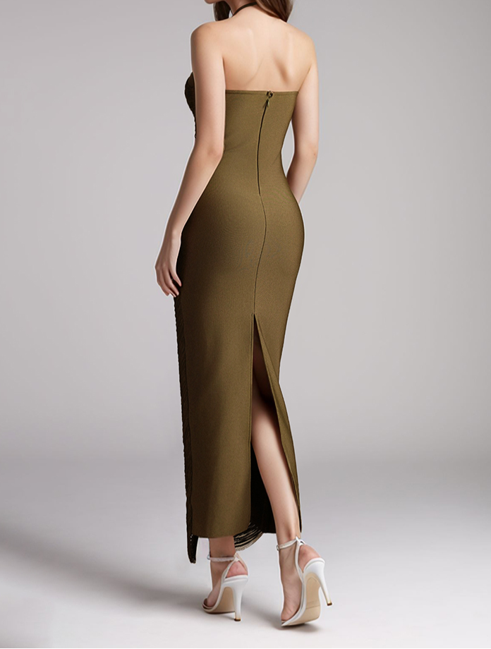 Cheira Sleeveless Halter Draped Fringe Maxi Dress
