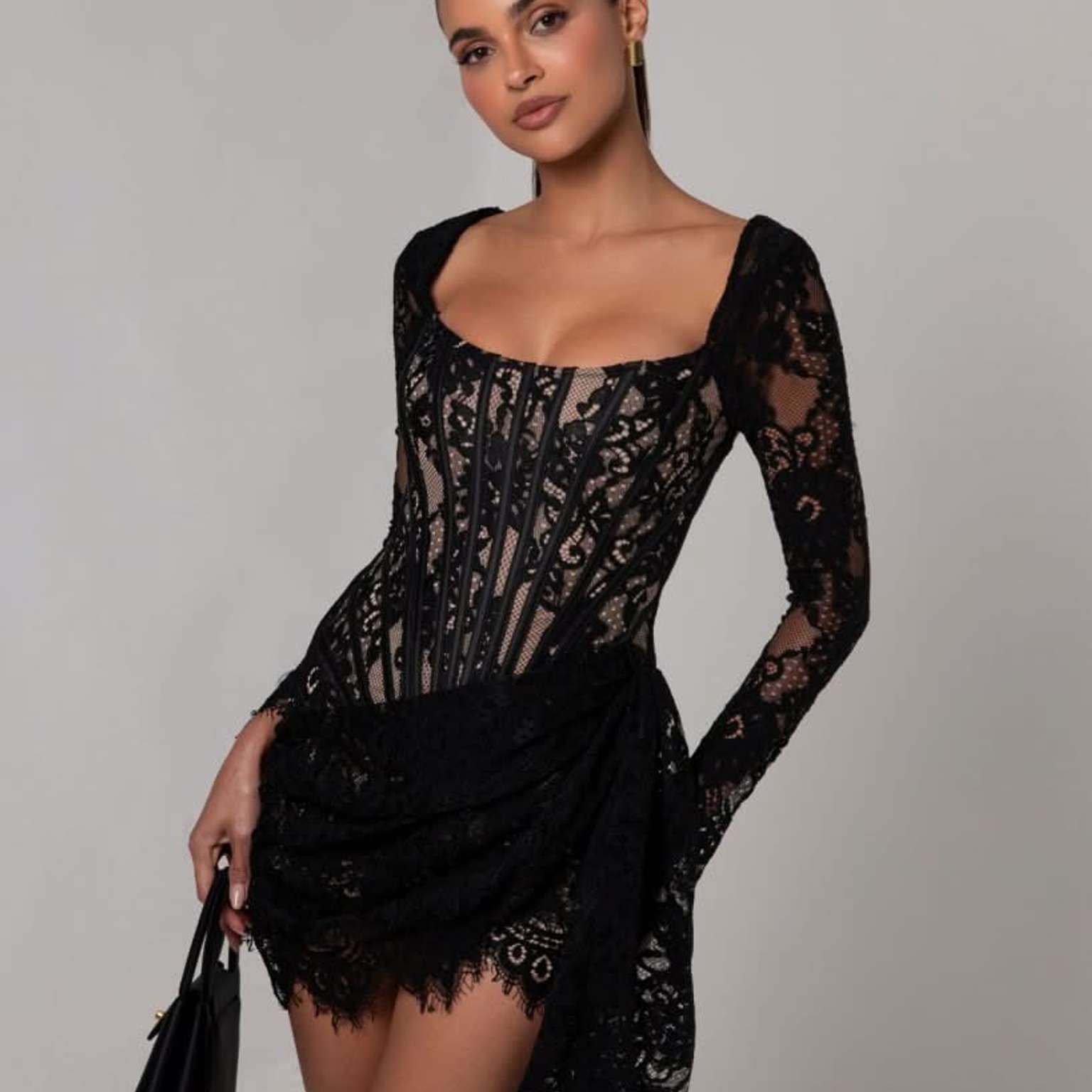 Vanessa Long Sleeve Black Lace Corset Draped Mini Dress