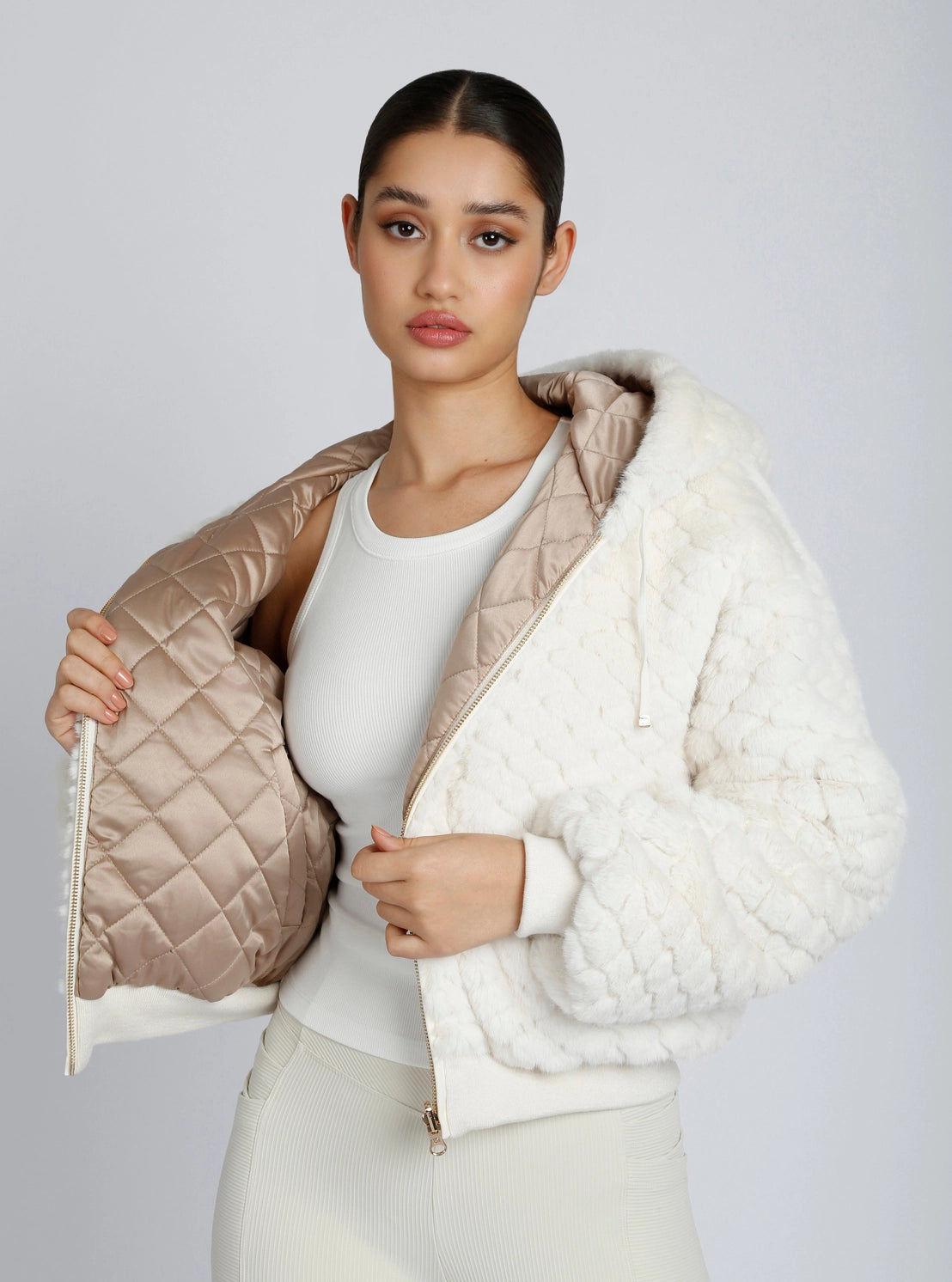 Monica Taupe Fawn Reversible Faux Fur Hoodie