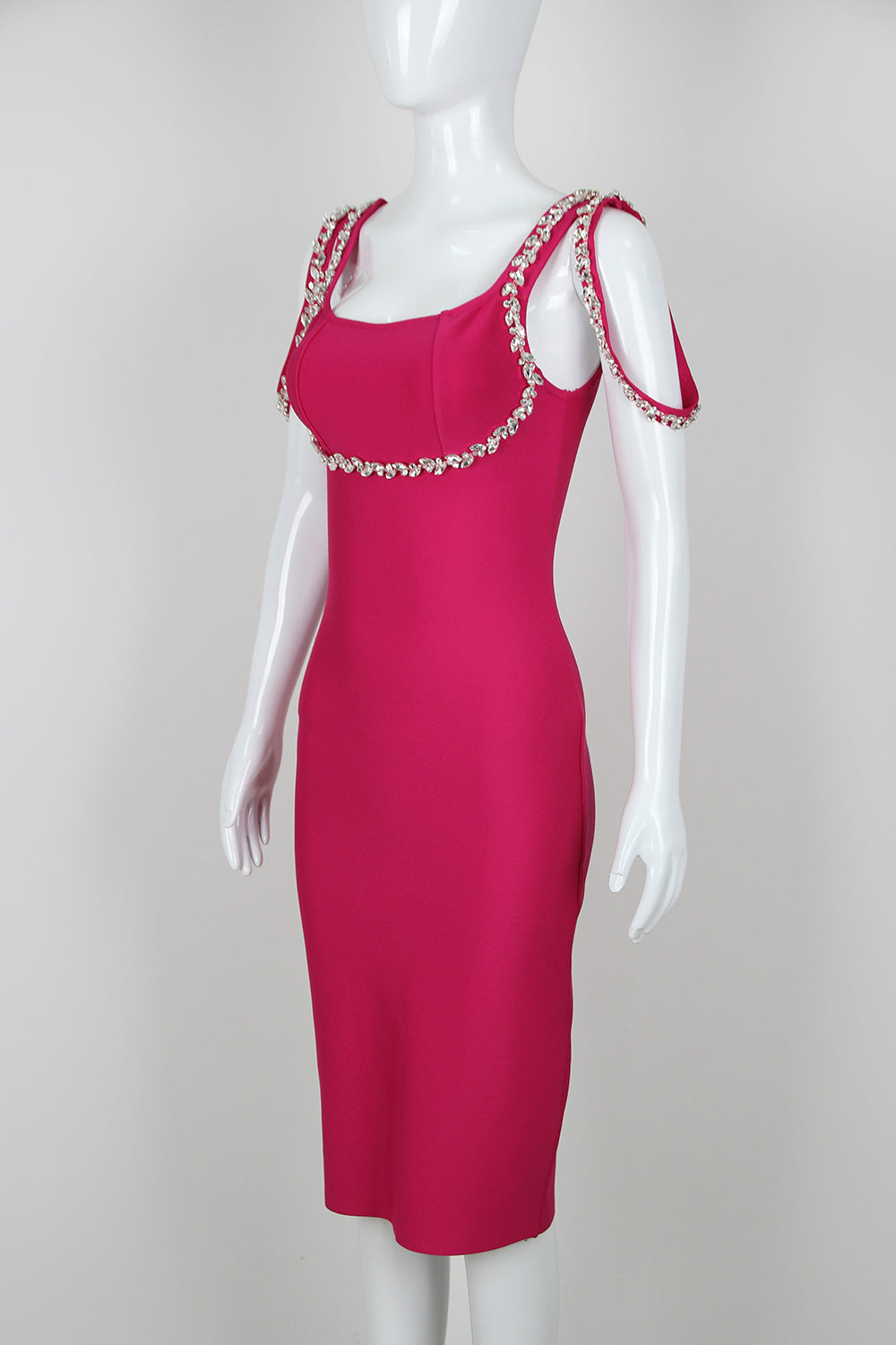 Mason Fuchsia Rhinestone Off Shoulder Embellished Midi Bandage Dress
