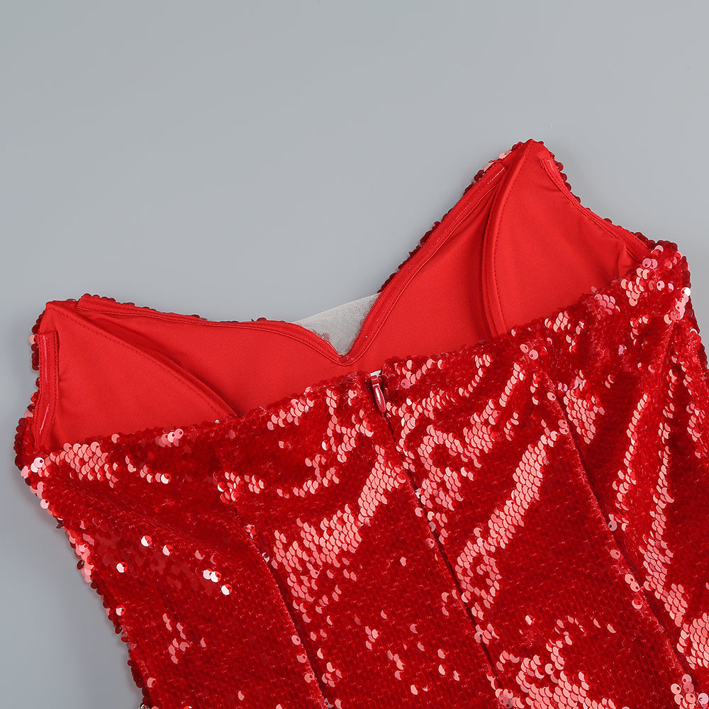 Kelsi Red Strapless Pointed Bodice Rhinestone Sequin Midi Dress