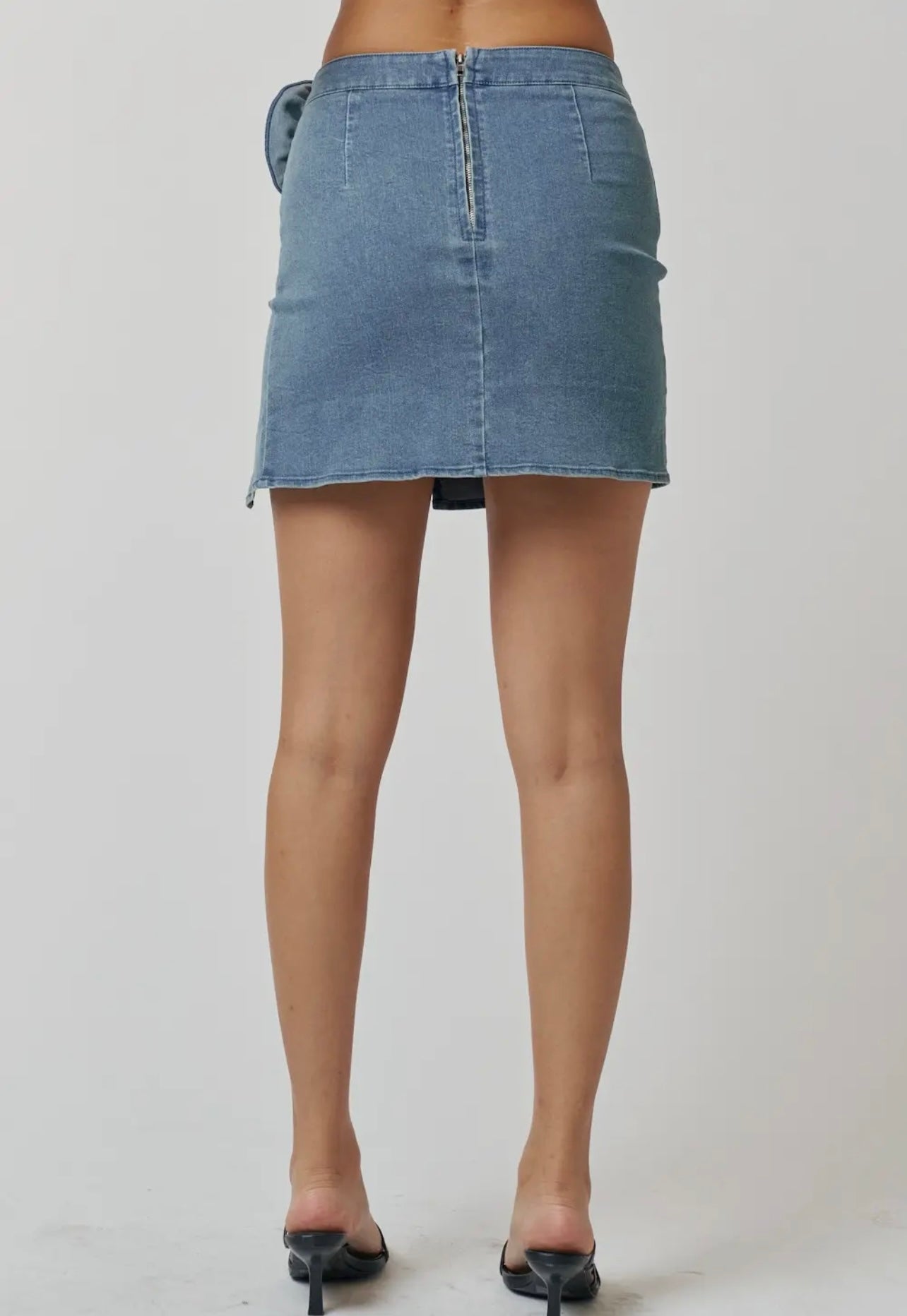 Daisy Denim 3D Rose Detail Halter Top and Ruffled Slit Rose Detail Mini Skirt