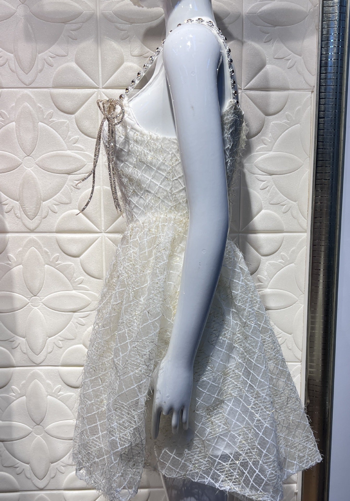 Misa Ivory Rhinestone Bow and Strap Babydoll Dress