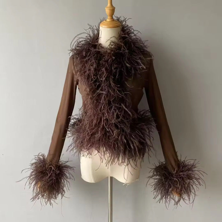 Cassie Sheer Long Sleeve Cardigan with Feather Collar and Sleeve Trim