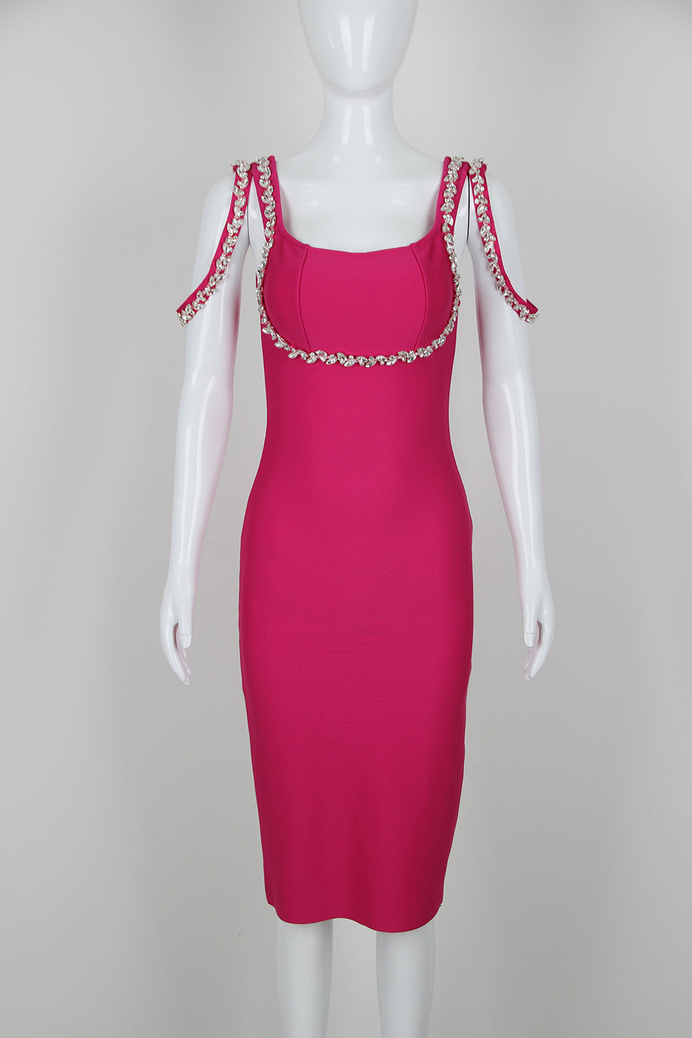 Mason Fuchsia Rhinestone Off Shoulder Embellished Midi Bandage Dress