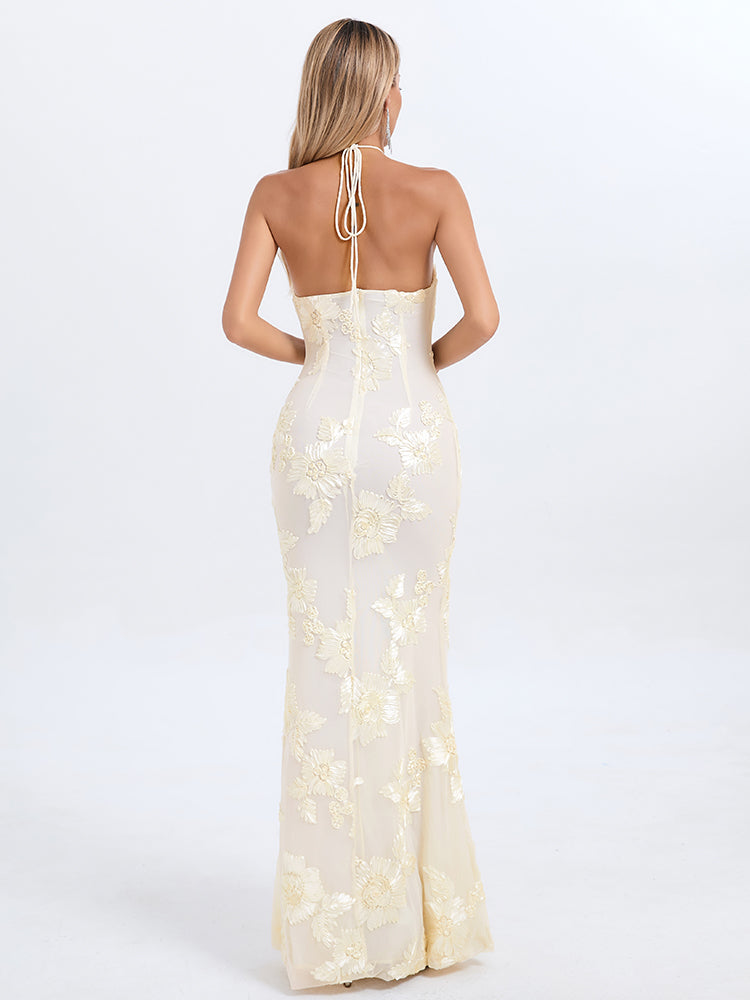 Alana Halter 3D Floral Appliqué Maxi Dress