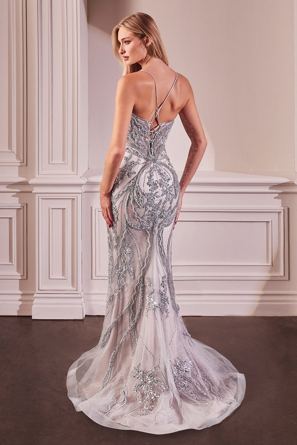 Etiene Silver Sleeveless Rhinestone Bead Embellished Mermaid Gown