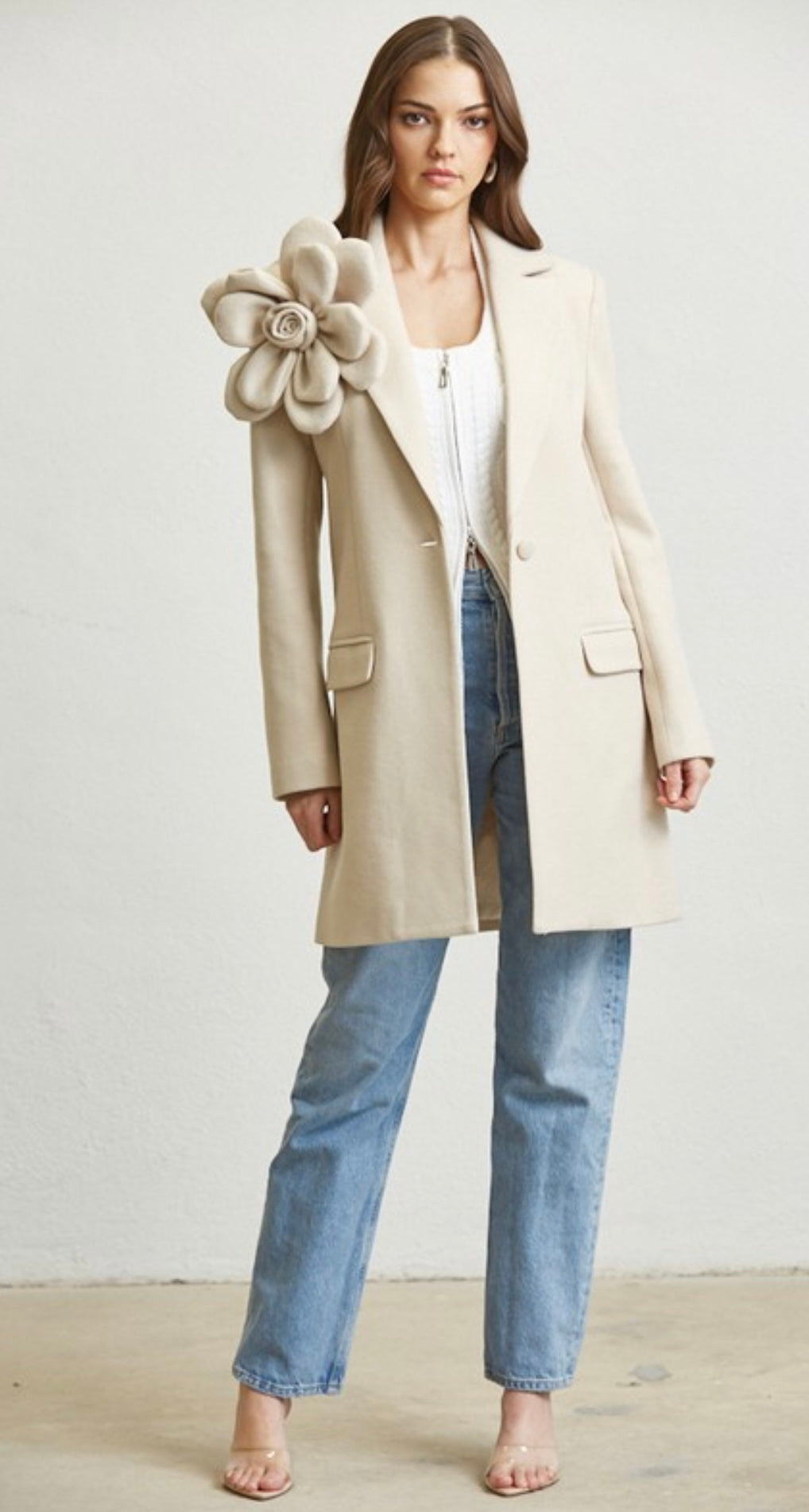 Liana Ivory Large 3D Appliqué Mid Length Coat