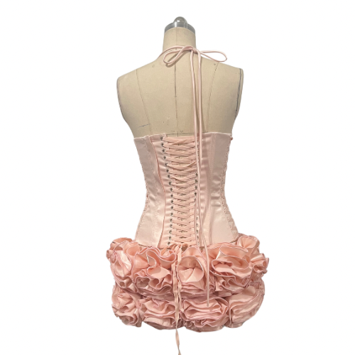 Marti Satin Corset Lace Back 3D Floral Ruffle Micro Mini Skirt Set