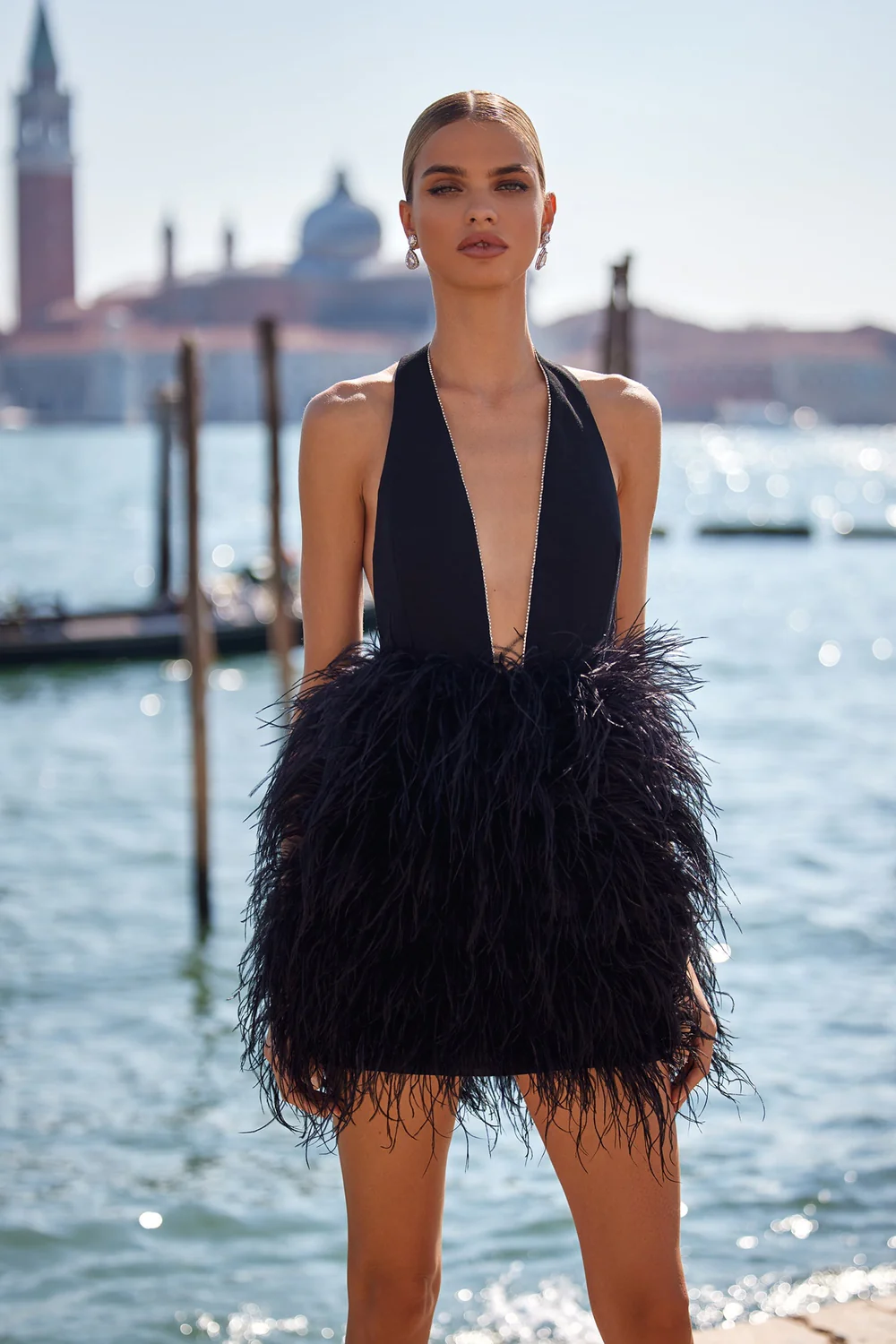 Morgan Plunging Rhinestone Trim Neck Ostrich Feather Mini Dress
