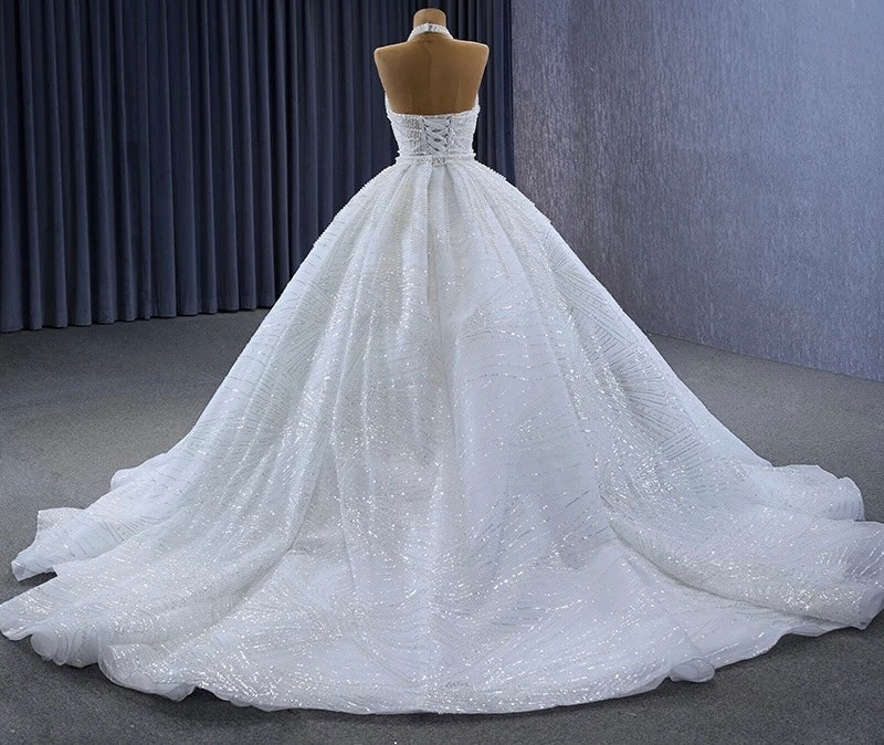 Mila Pearl Bead Embellished Crisscross Halter Full Detachable Skirt Gown