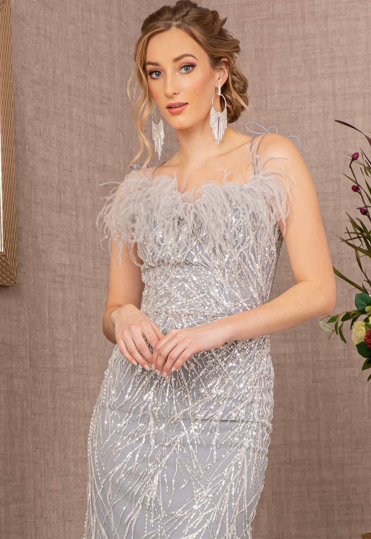 Simone Sequin and Feather Embellished Backless Tulle Trumpet Gown