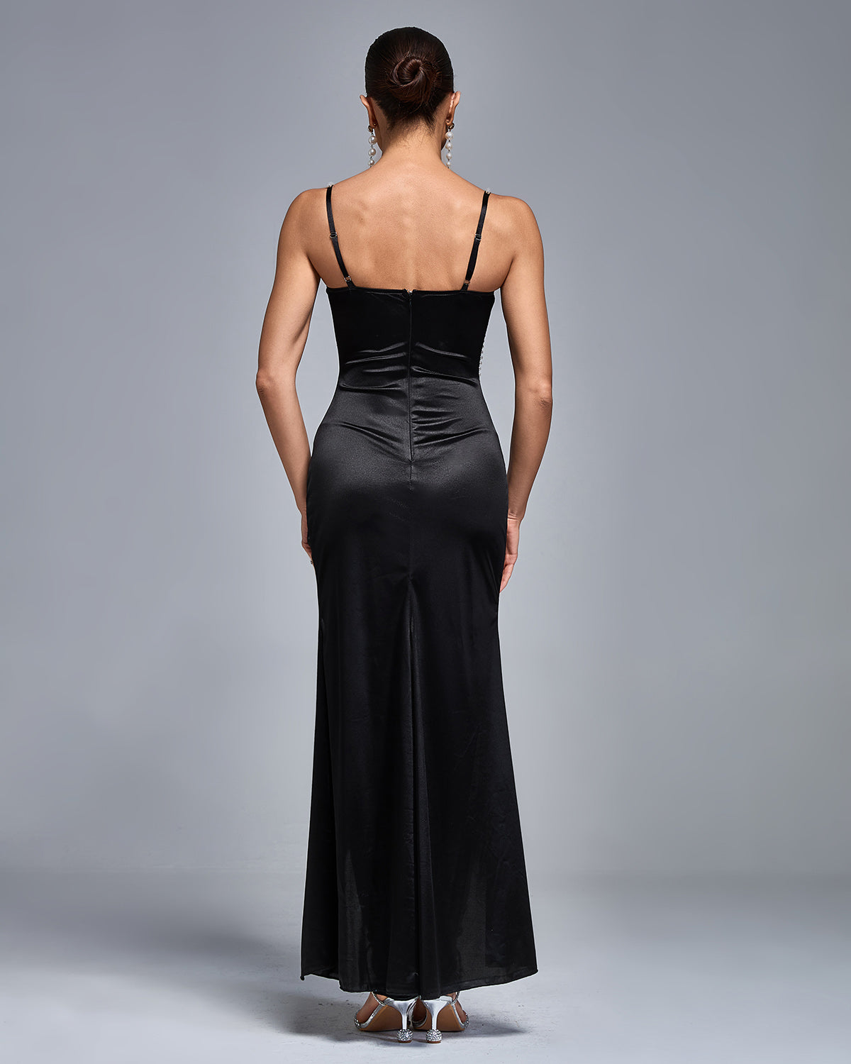 Marine Pearl Strap Black Gathered Detail High Slit Maxi Dress