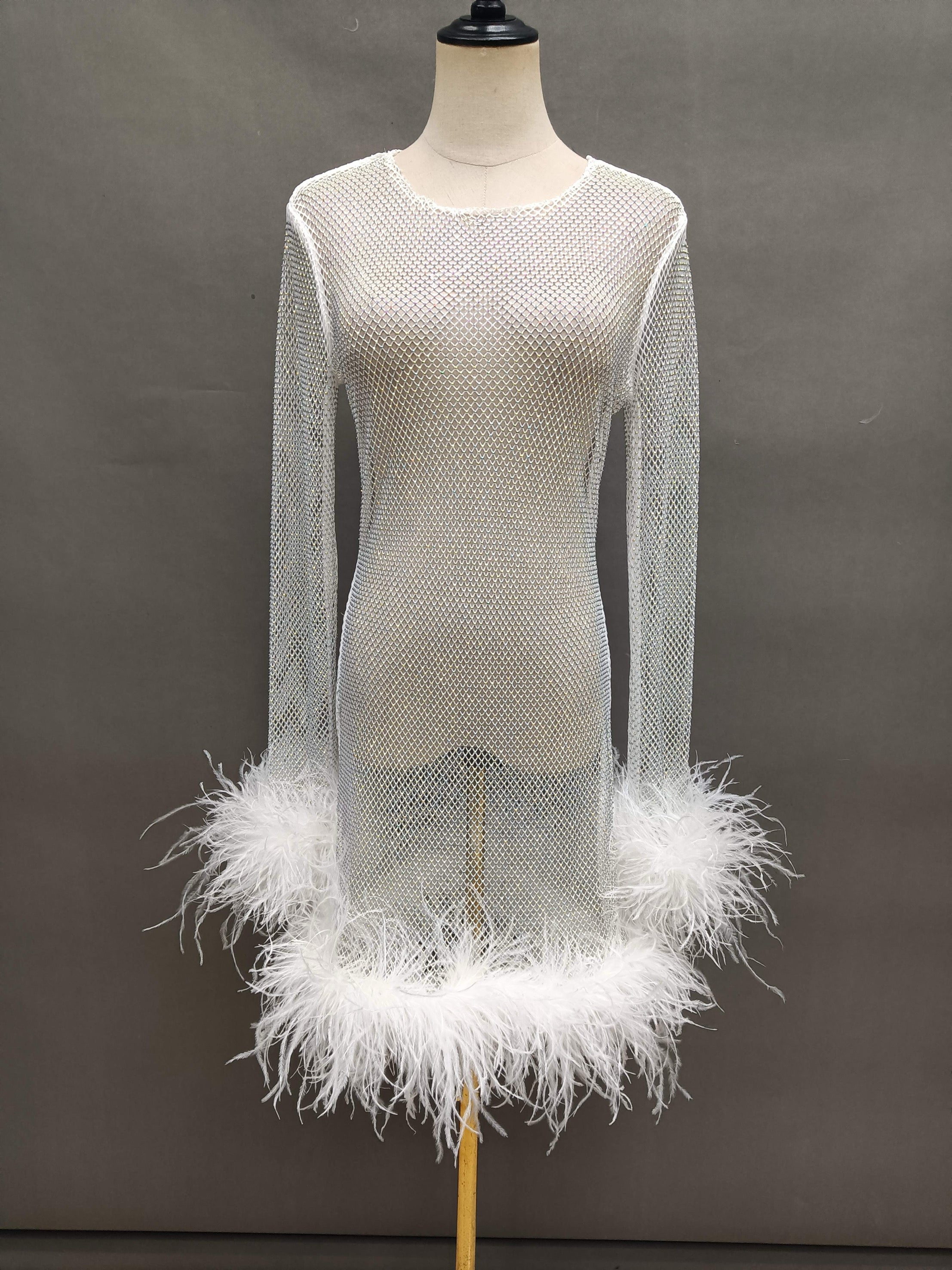 Hartford White Rhinestone Mesh Feather Trim Mini Dress