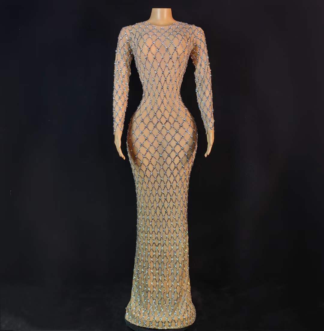 Sarala Nude Long Sleeve Rhinestone Embellished Maxi Gown