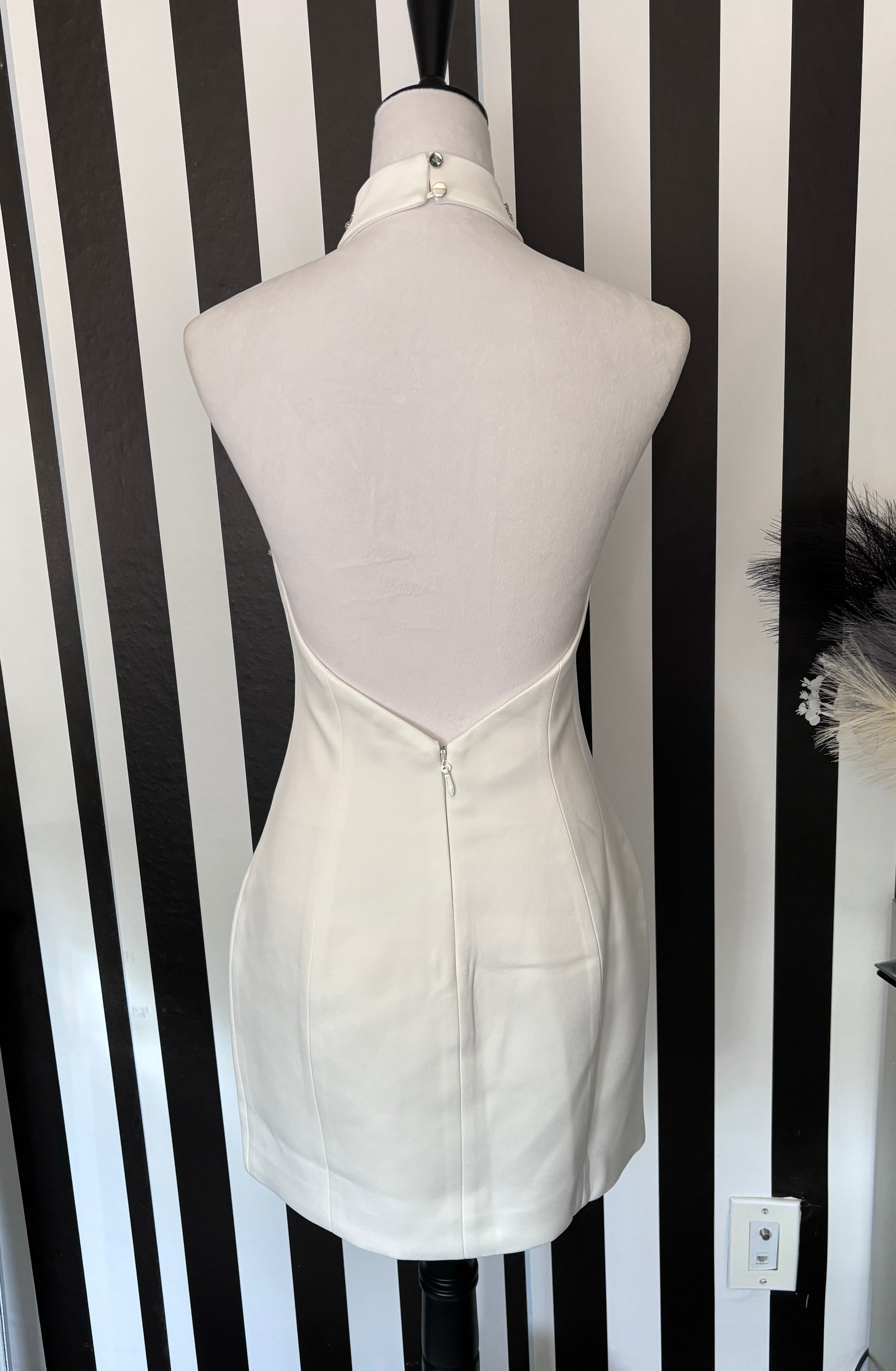 Nessa White Halter Rhinestone Pearl Embellished Open Back Mock Pockets Mini Dress