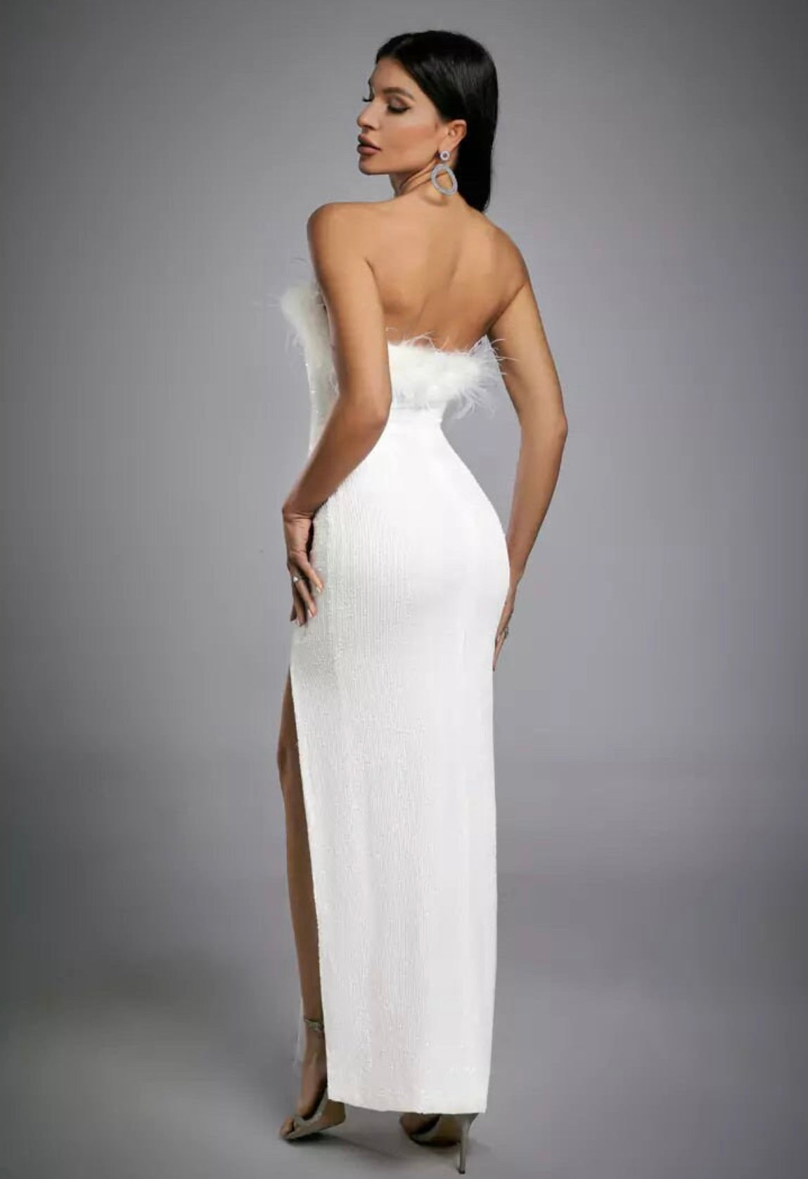 Anya White Sequin Maxi Dress with Feather Trim