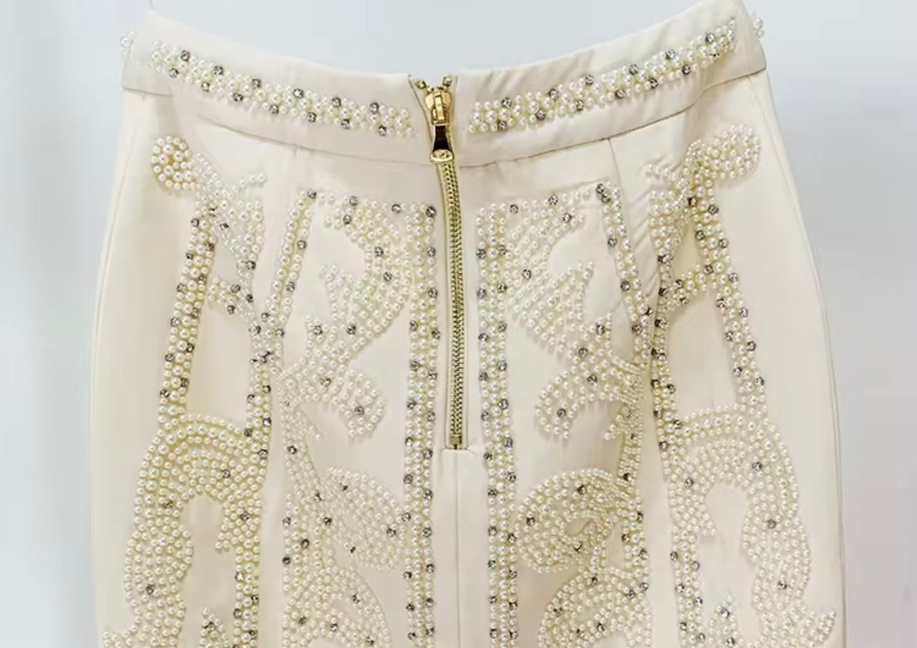 Odessa Ivory Rhinestone Pearl Embellished Crop Halter Top and Mini Skirt Set