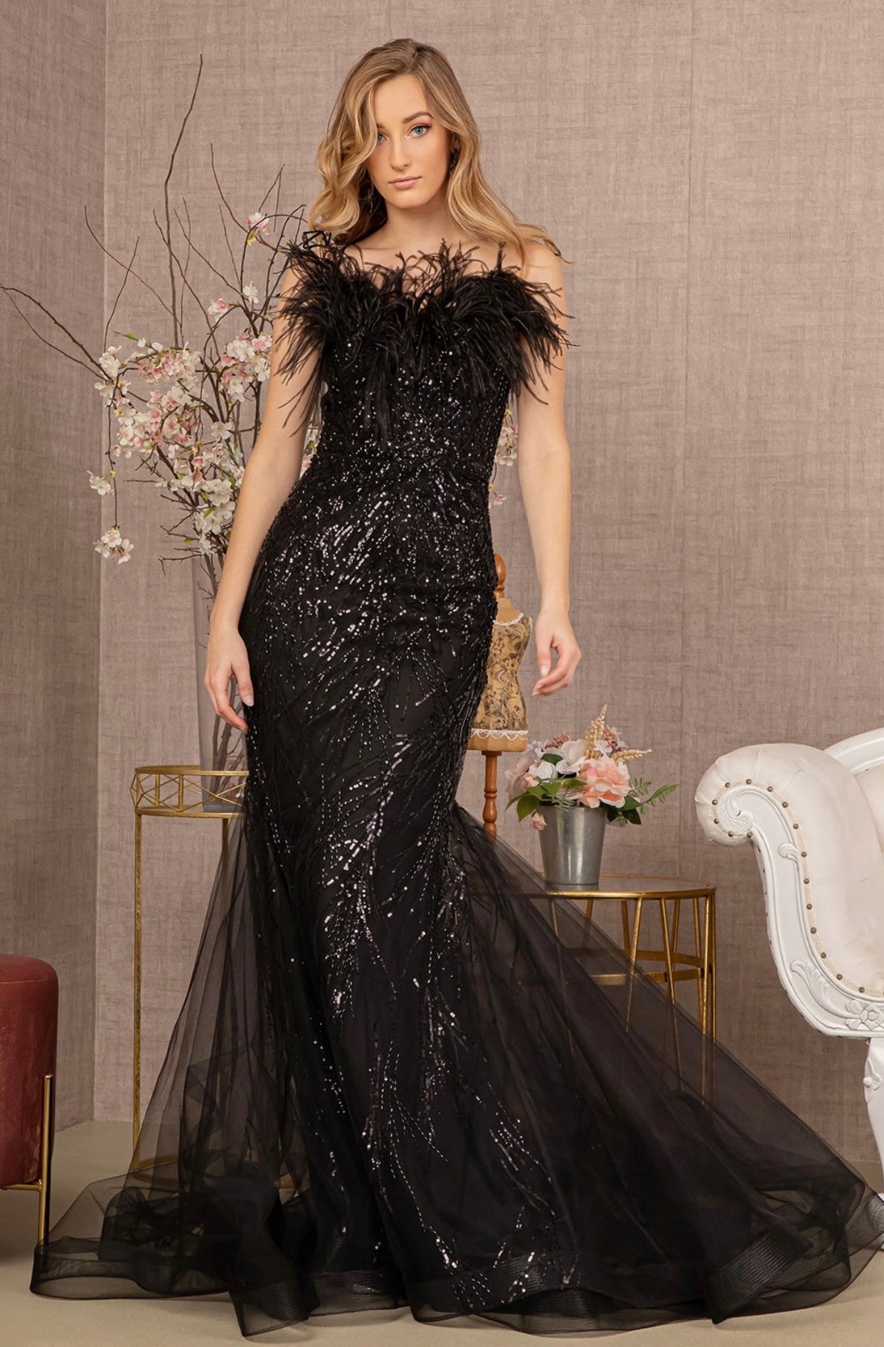 Simone Sequin and Feather Embellished Backless Tulle Trumpet Gown