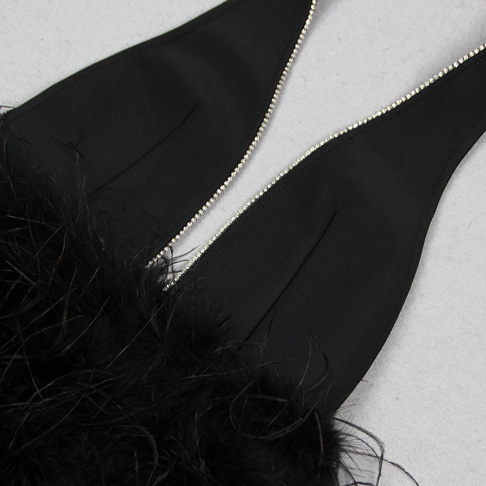 Morgan Plunging Rhinestone Trim Neck Ostrich Feather Mini Dress