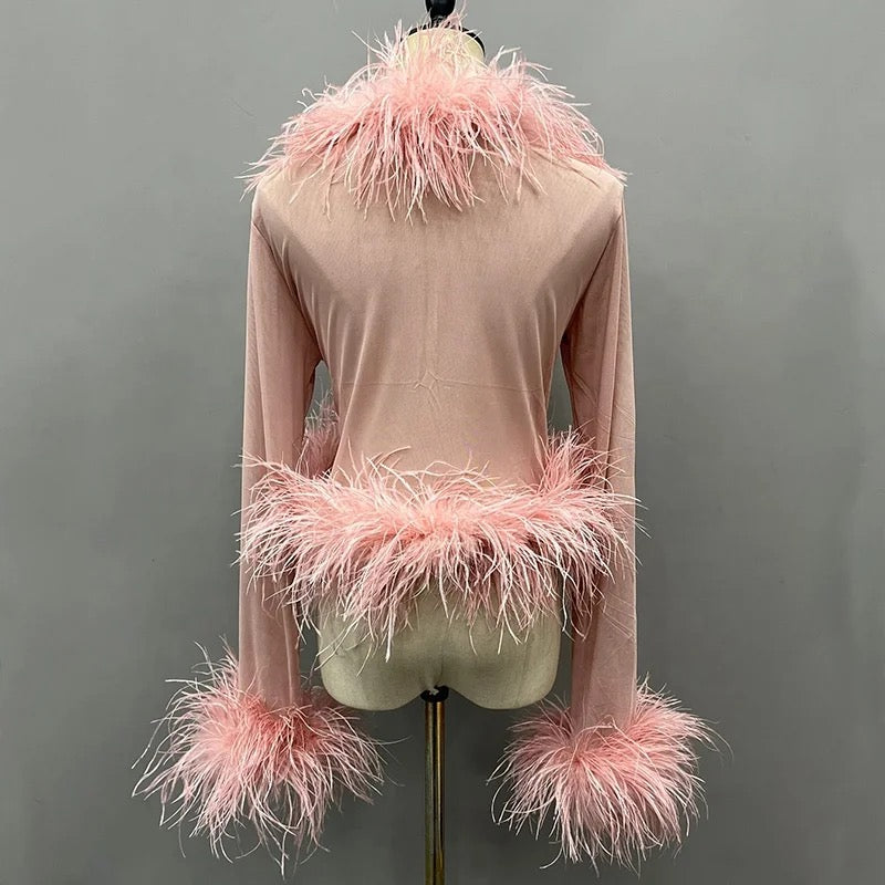 Cassie Sheer Long Sleeve Cardigan with Feather Collar and Sleeve Trim
