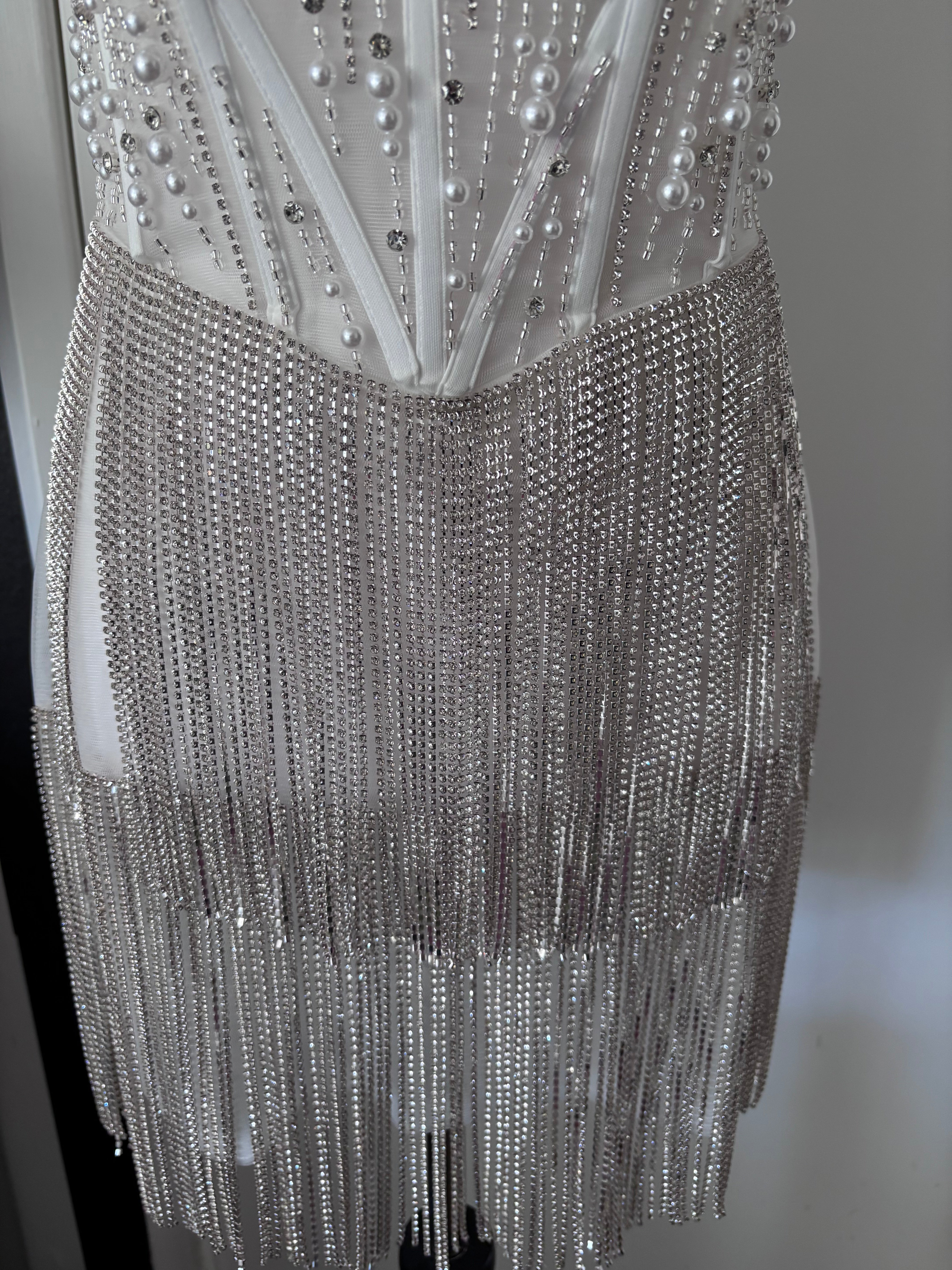 Layton Rhinestone Fringe and Pearl Embellished Mini Dress