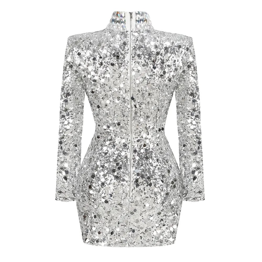 Lele Silver Long Sleeve Crystal Trim Mock Neck Sequin Back Zipper Mini Dress