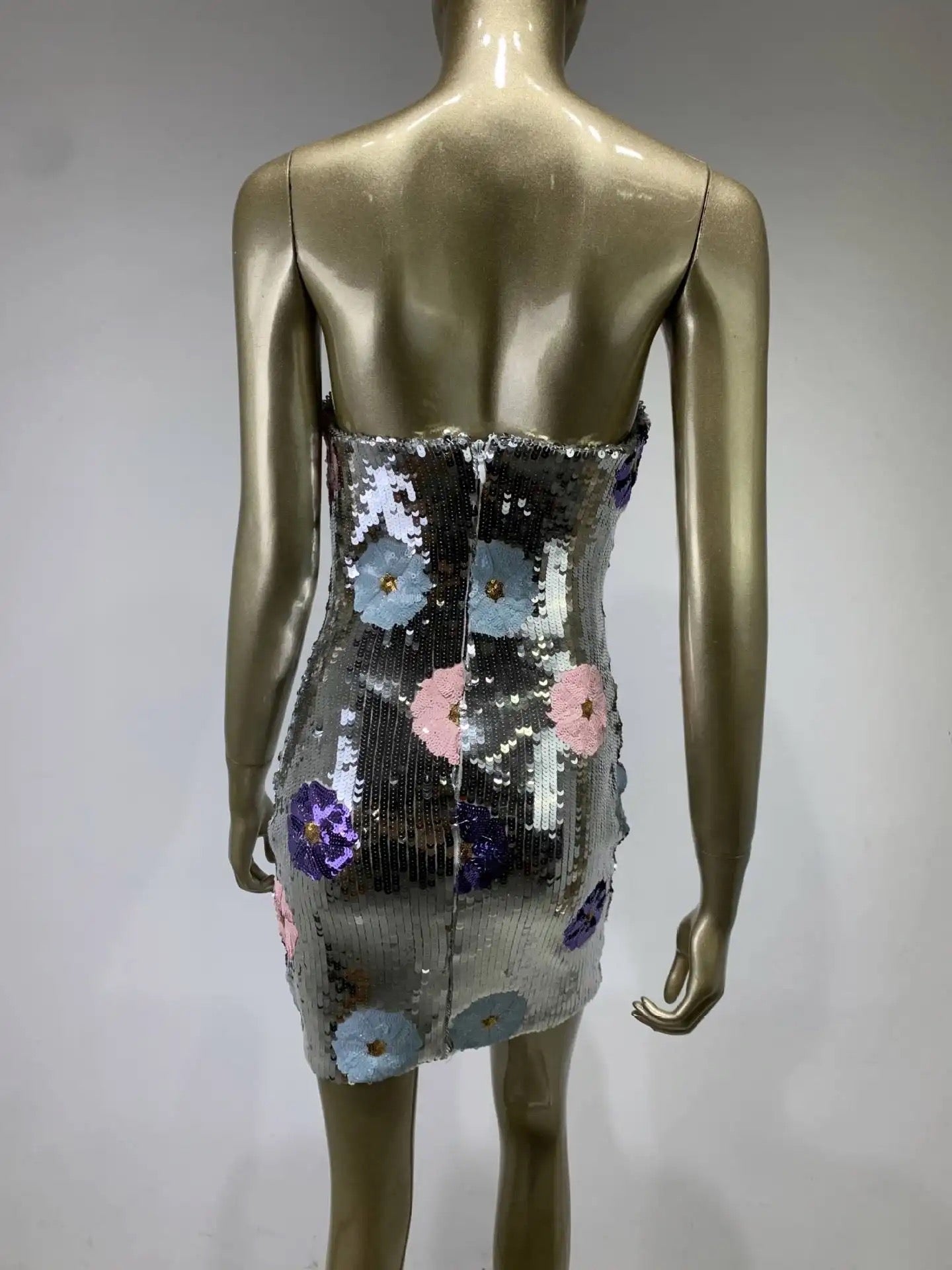 Misha Strapless Silver and Flower Sequin Mini Dress