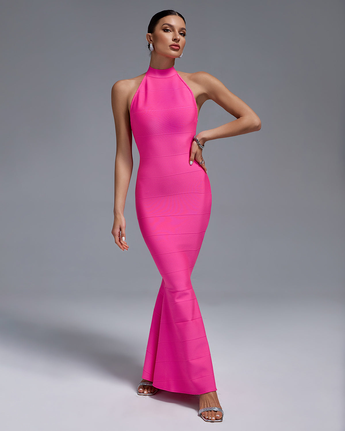Camilla Fuchsia Halter Neck Backless Maxi Bandage Dress