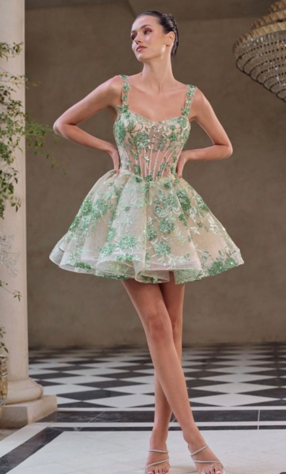 Tessa Floral Sequin Corset Full A Line Mini Dress