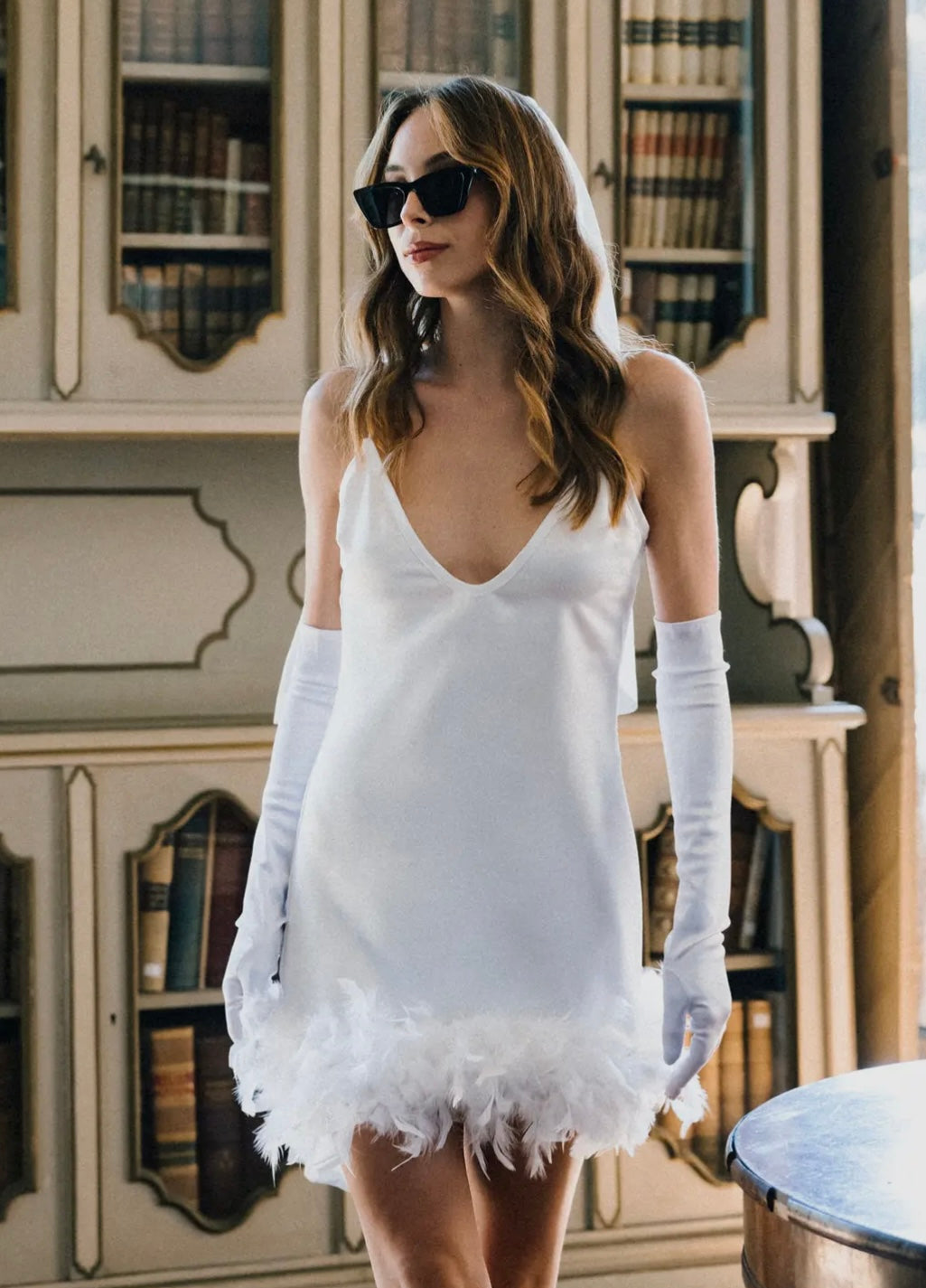 Luciana Satin Mini Slip Dress with Feather Trim